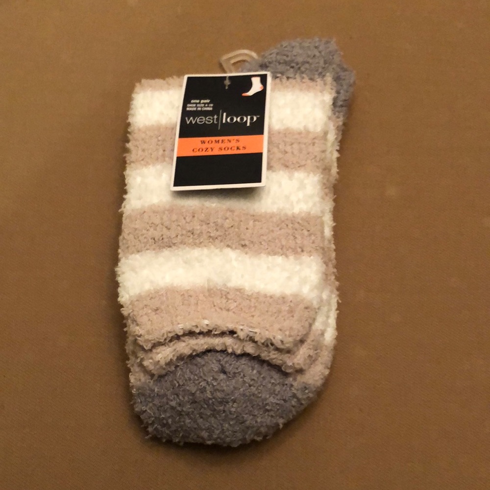 New West Loop Women’s Cozy Socks - Grey, White, & Khaki Stripe